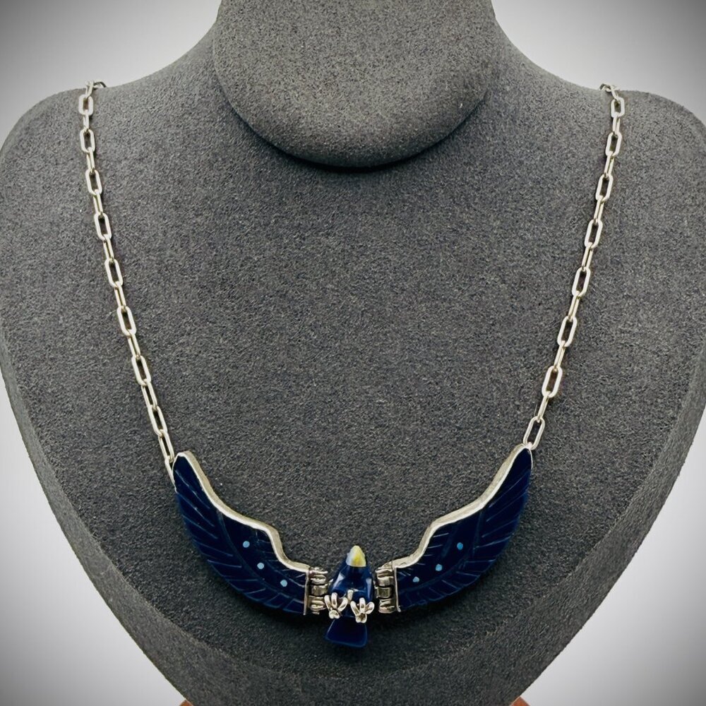 Vintage Sterling Articulated Eagle Necklace — Artist-Stamped “F. TOM”